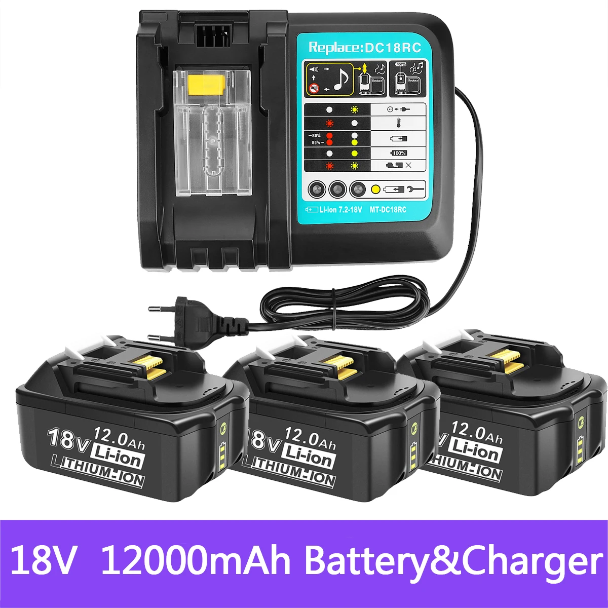 For Makita 18V 12000mAh Rechargeable Power Tools Battery with LED Li-ion Replacement LXT BL1860B BL1860 BL1850+3A Charger | Электроника