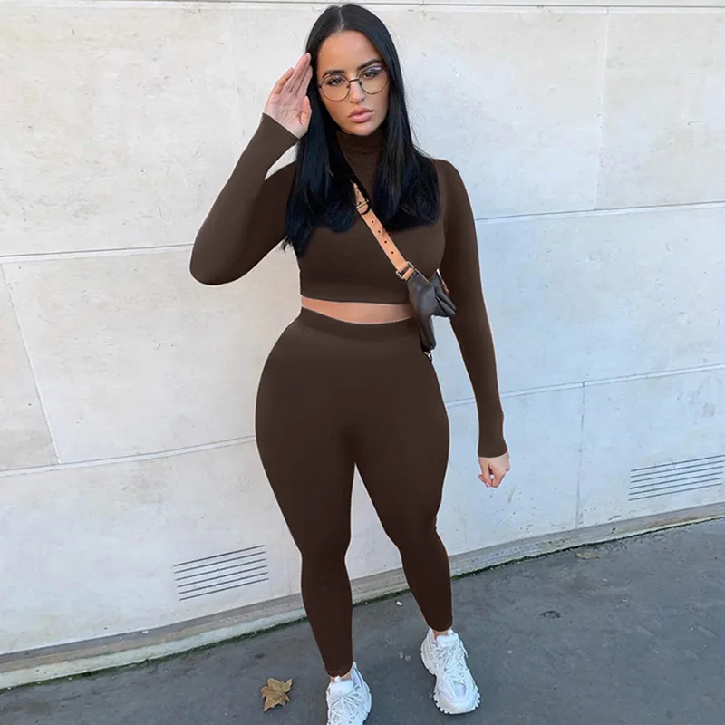 Two Piece Sets Women Solid Autumn Tracksuits High Waist Stretchy Sportswear Hot Crop Tops And Leggings Matching Outfits pink sweat suits