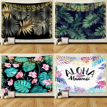 

Dropshipping Tropical Plant Tapestry Wall Hanging Hippie Polyester Home Decor Blanket Fabric Bedroom 180×230CM With 6M LED Light