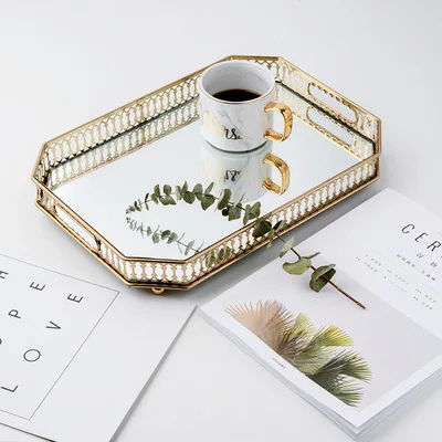 

Northern Europe Iron Wind Gold-plated Glass Accept Plate Mirror Noodles Bottom Tray A Living Room Light Luxurious Pendulum Disc