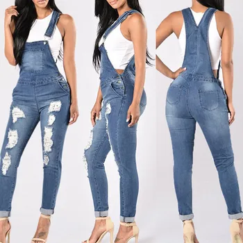 

New Fashion Blue Overalls For Women Jumpsuit Denim Holes Overalls Rompers Belted Pockets Casual Jumpsuit ropa de mujer 2020 #25