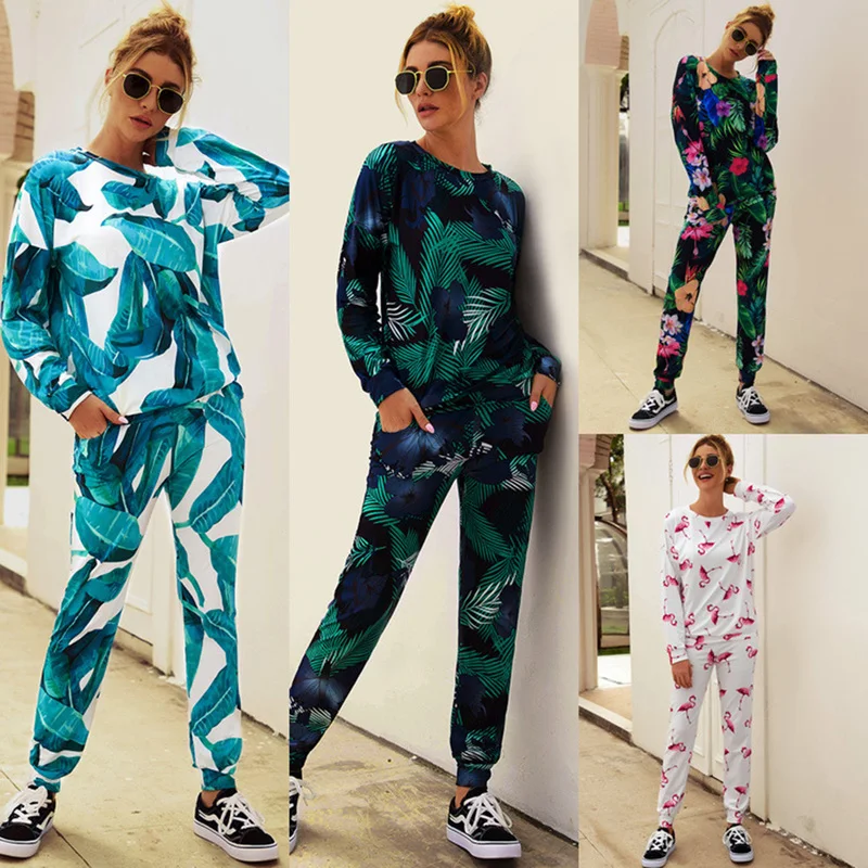 

Fashion Casual Women Floral Animal Printed Clothes Set Female Clothing Set For Summer O Neck Long Sleeve Lady Tops And Pants Set
