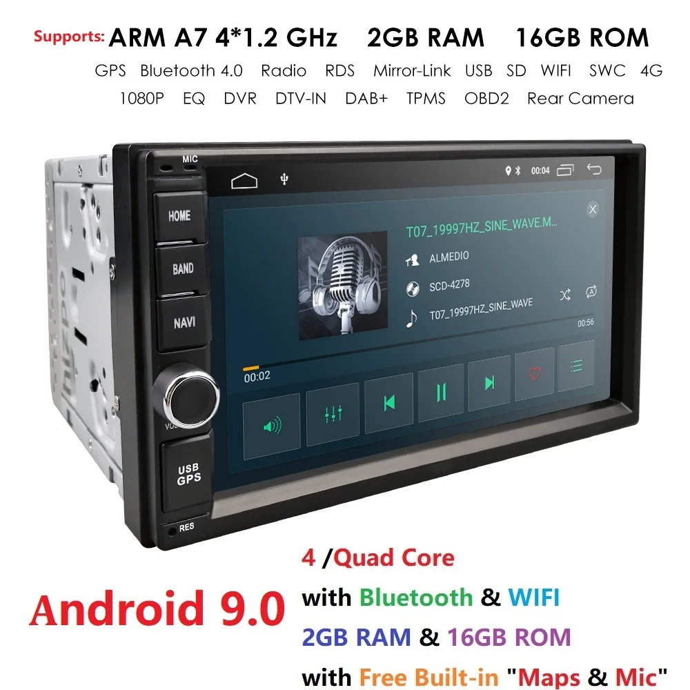  2 Din 7'' Quad core Universal Android 9.0 2GB RAM Car Radio Stereo GPS Navigation WiFi 1024*600 Tou