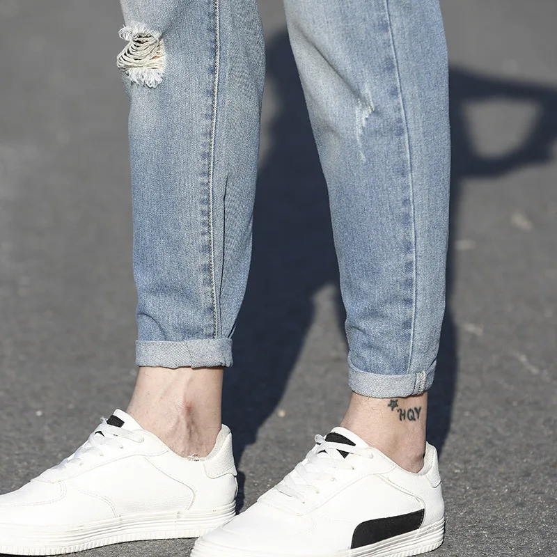 Cheap Men's washed jean pantsSpring Autumn Men's Elastic Cotton Stretch Jeans Pants Loose Brand Fashion Wear and Fit Denim Trousers