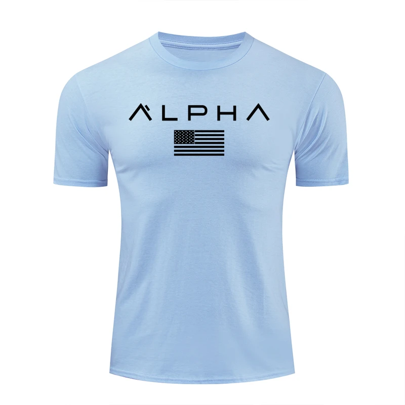 Новая модная футболка с принтом, Мужская свободная хлопковая Футболка со звездами, футболка с круглым вырезом, Альфа Америка, размеры, футболки с коротким рукавом - Цвет: Sky blue alpha black