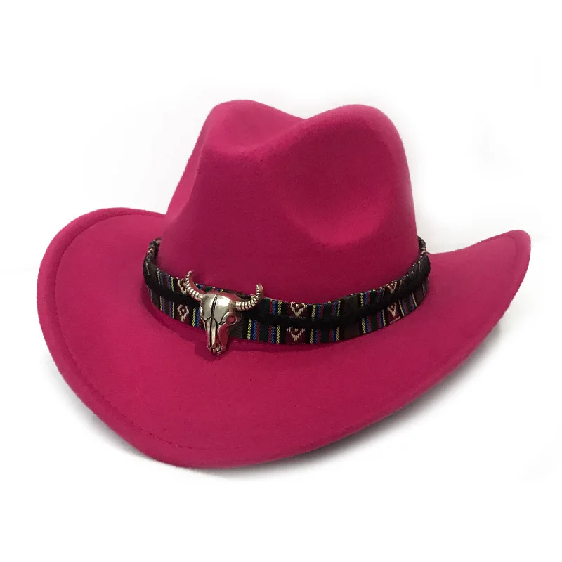 YY металлическая Bull лента Fedoras Мужская зимняя Осенняя ковбойская джазовая шляпа Женская Трилби фетровая шляпка Cowgirl Jazz Toca Sombrero FD19013 - Цвет: Rose Cowboy Fedora
