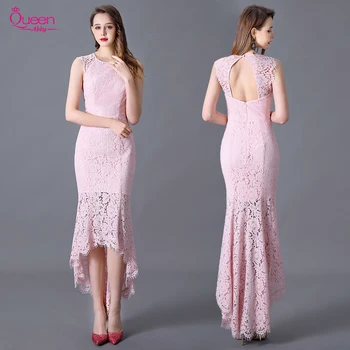 

Evening Dress Asymmetrical Mermaid Blushing Pink Long Dress Scoop Neck Lace Sleeveless Floor Length Zipper Back Wedding Guest