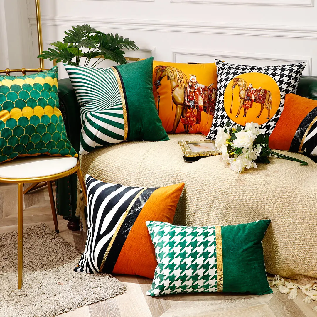 

Ligh Luxury Horse Printed Soft Waist Pillowcases Orange Green Grid Cushion Covers Zebra Pattern Pillow Cases Home Party Decor