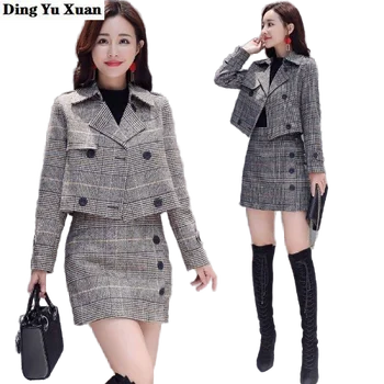 

Autumn Winter 2 Piece Set Women Mini Skirt and Double Breasted Crop Top Jacket Elegant Plaid Striped Skirts Suits Ladies Outfits