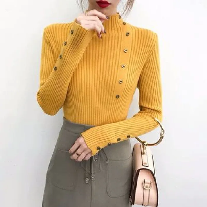 Женский свитер с высоким воротником, осень и зима, стиль, пуловер, свитер, толстый, длинный рукав, нижнее белье, облегающее - Цвет: Цвет: желтый