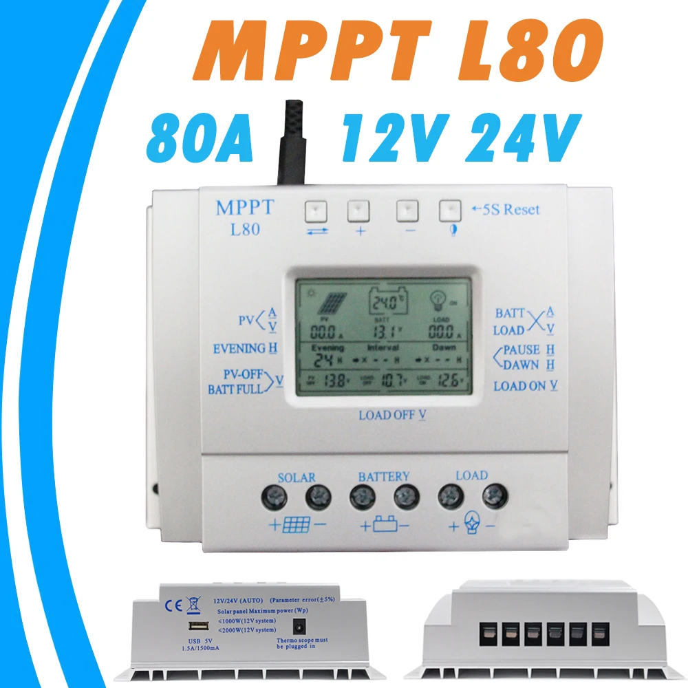 

80A Solar Charger Controller USB 1.5A 5V Output 12V 24V LCD Solar Panel Regulator with Load Timer and Light Control for Lighting