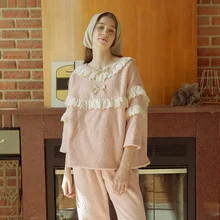 Women's Pajamas Autumn And Winter New Long Sleeve Lovely Thickened Bubble Velvet Korean Home Clothes Lace Kawaii Sets Vintage