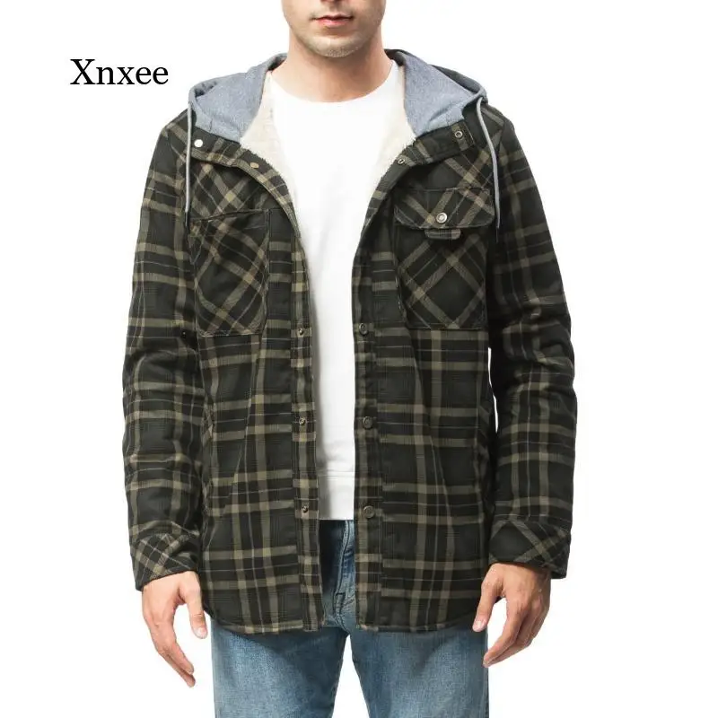 

Plaid Print Hooded Sweatershirt Winter Casual Velvet Thickened Warm Men Shirt Cotton Loose Jacket Long Sleeve Shirts Caot