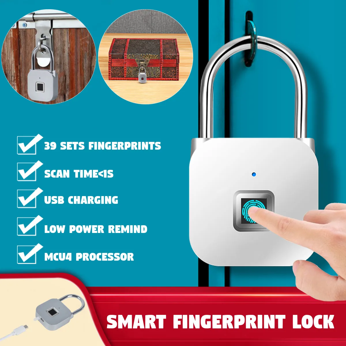 

Smart Lock Keyless Fingerprint Lock IP65 Waterproof Anti-Theft Security Padlock Door Luggage Case Lock USB Rechargeable