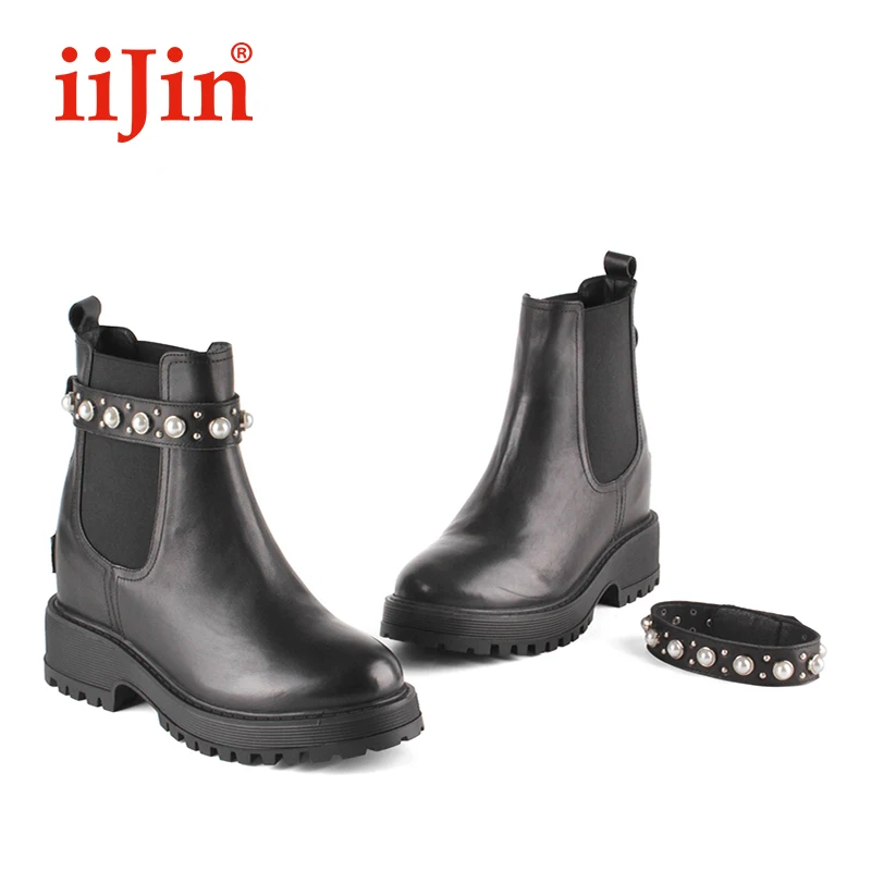 

IIJIN pearl rivet cowhide Chelsea boots inner heel increased casual fashion martin boots thick-soled platform women's shoes