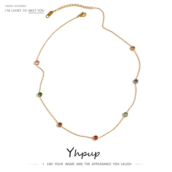 Stainless Steel Chain Necklace Delicate Colorful Cubic Zirconia Collar Necklace