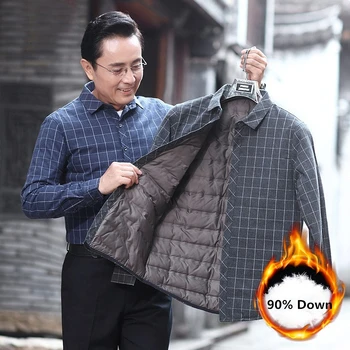 

Winter Mens Down Shirt Plus Velvet Thick Warm Long Sleeve Plaid Shirts Outdoor Hiking Sport Windproof Thermal Down Cotton Shirt
