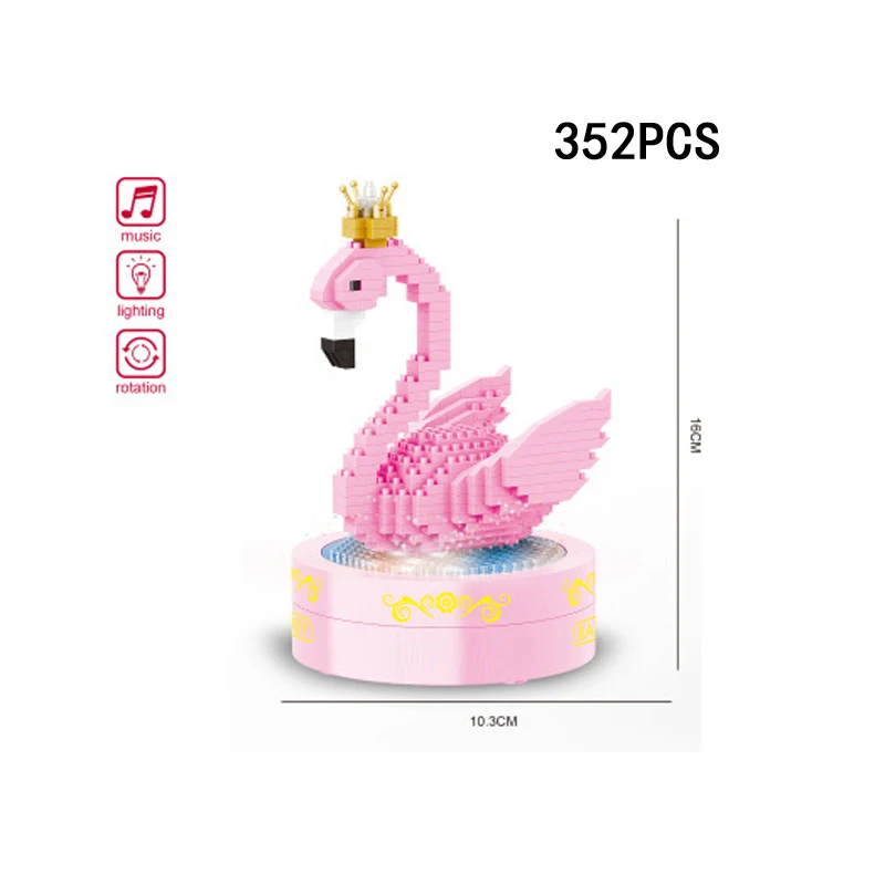

Funny animal music box micro diamond building block with light crown Flamingo bird nano brick toy with light collection for gift