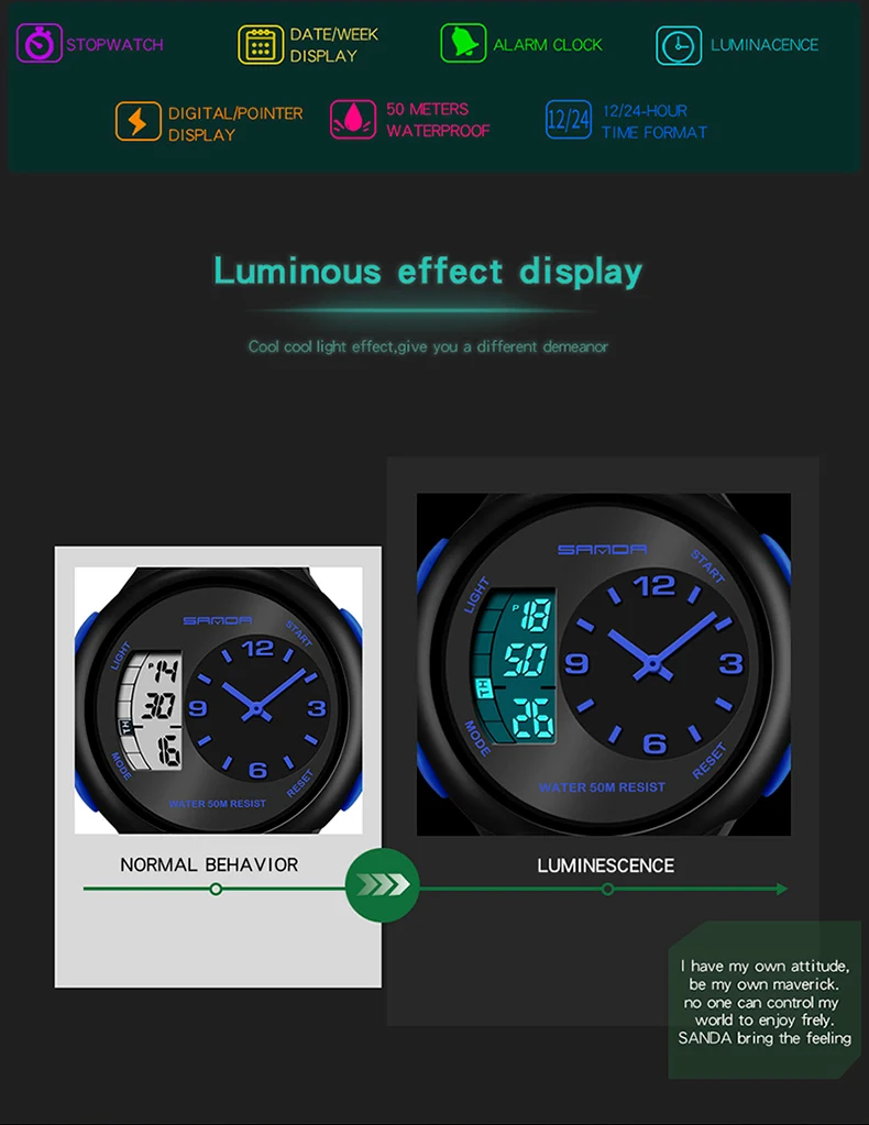 SANDA мужские водонепроницаемые студенческие часы с двойным дисплеем, светящиеся многофункциональные спортивные наручные часы на открытом воздухе