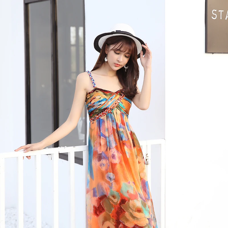 Echte Zijde Lange Feestjurk Vrouwen Print Boho Dress Sexy Strand Zomer Jurken Maxi Jurken Vestidos Verano 2019 LWL1503 Echte Zijde Lange Feestjurk Vrouwen Print Boho Dress Sexy Strand Zomer Jurken Maxi Jurken Vestidos Verano 2019 LWL1503