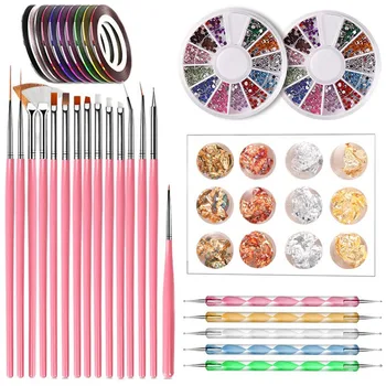 

Nail Pen Designer Stamp Nail Art Tool With 15pcs Nail Painting Brushes Nail Dotting Tool Nail Foil Manicure Tape Color Rhineston