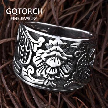 

Real Pure 925 Sterling Silver Biker Rings For Men And Women Vintage Flowers Engraved Wide Rings Jewellery Alibaba-express