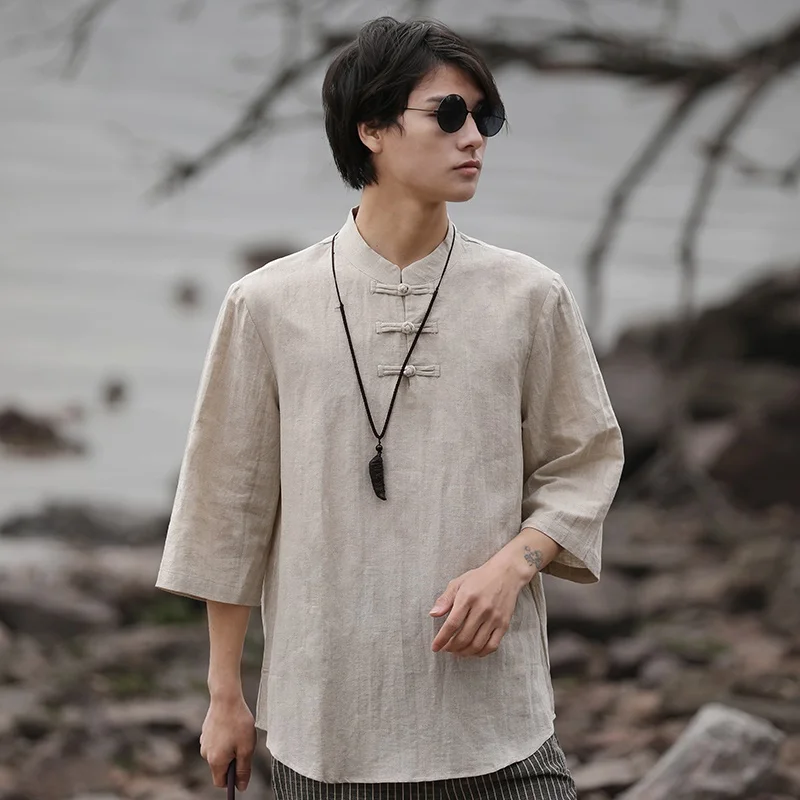 Chinese Style Zen Tea Tee Shirt Retro Cotton Linen Top Solid Color Linen T Shirts For Men Clothing Harajuku Linen T Shirt KK3797