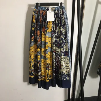 

2020 Spring New Retro Jungle Print Slit Pleated Women Long Skirt Positioning Print Pattern Ladies Skirt High Quality Designer