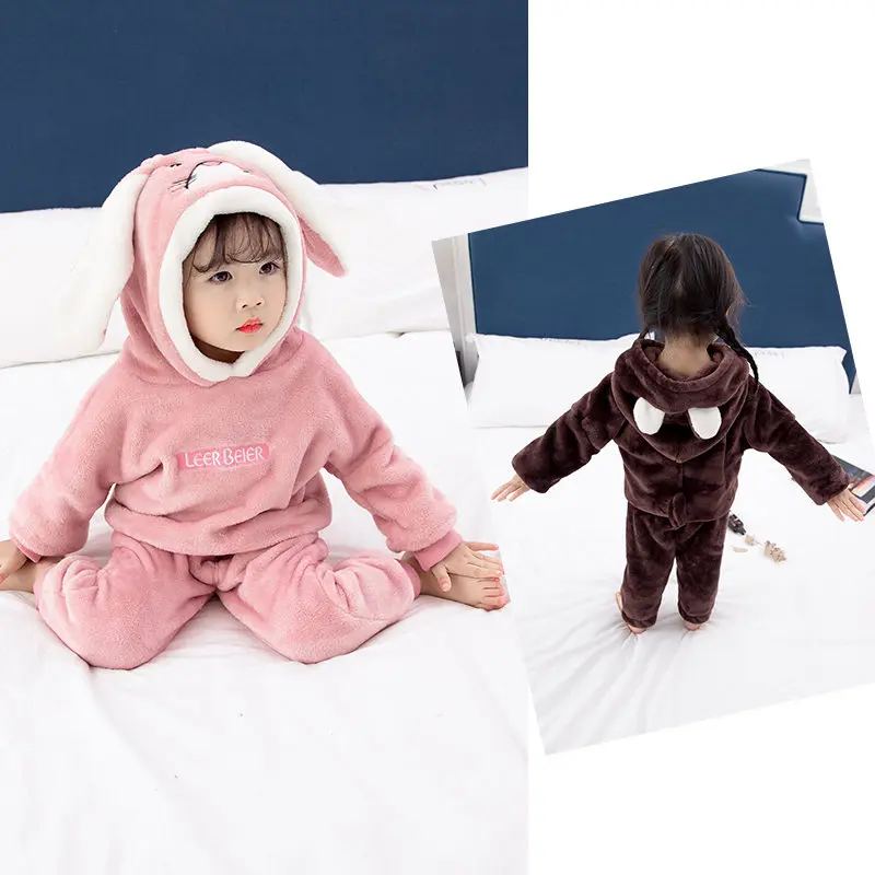 Пижамы для маленьких девочек, пижама с капюшоном с заячьими ушками, комплект из 2 предметов, детский зимний фланелевый костюм с медведем, пижамы, детские пижамы, 1, 2, 3, 4, 5, 6, 7 лет
