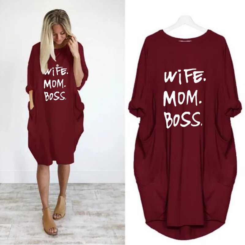 Vintage Plus size Women Dress Fashion Letter Printing Loose Midi Dress Autumn Long Sleeve Pockets Streetwear Womens Clothing 5XL