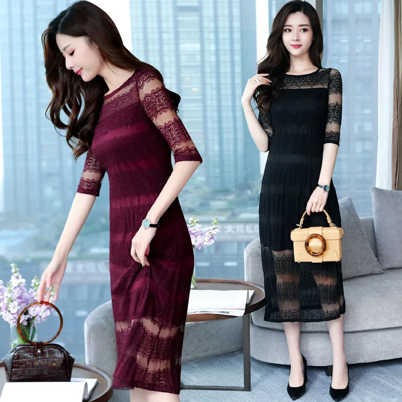 

2019 Summer New Style Korean-style Women's Crew Neck Short Sleeve Simple Solid Color Mid-length Lace Dress