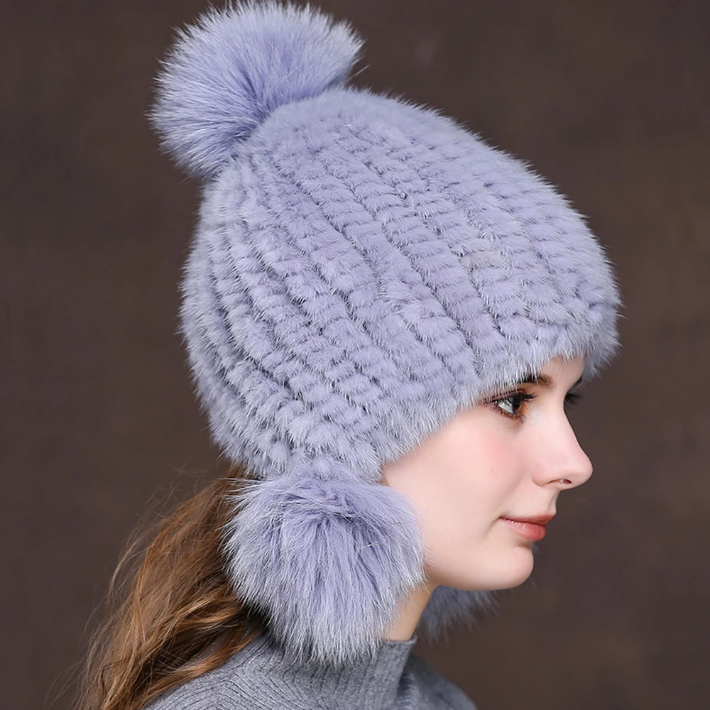 Women Real mink Fur Hat Natural mink fur Beanies Fur Caps Fashion lady Elastic Hat Winter Skullies fox fur pom poms