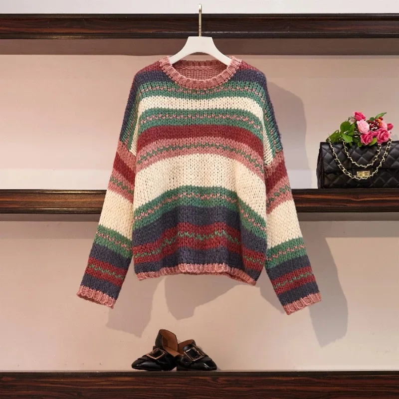 Женский свитер, осенний и зимний женский полосатый пуловер с длинным рукавом, вязаный женский свитер с круглым вырезом, свитер размера d размера плюс