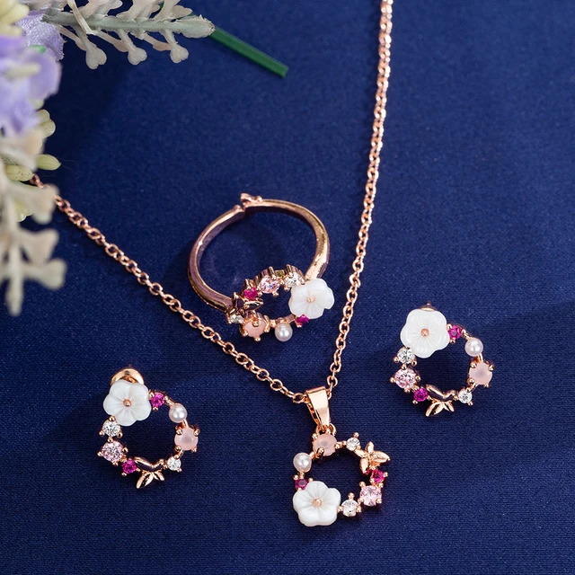 Buy CheapFashion Rose Gold Crystal Pendant Necklace Earrings Rings Set Elegant Bridal Wedding Jewelry Sets For Women Flowers Bijoux Gift.