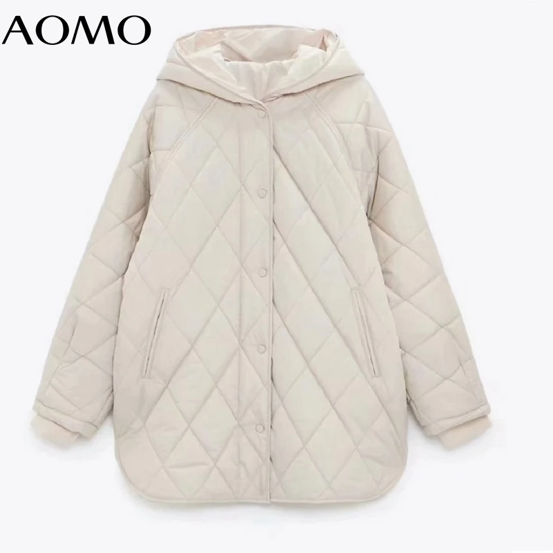 Aomo Women Beige Oversize Long Hood Parkas 2021 Autumn Winter Long
