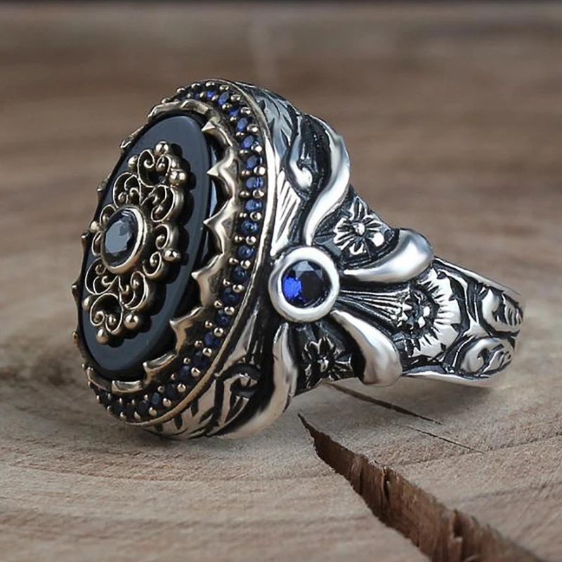 Anillos de piedra azul oscuro Vintage para hombres, joyería Steampunk Metal antiguo tallado, anillo de campeonato de diamantes de imitación masculinos|Anillos| - AliExpress