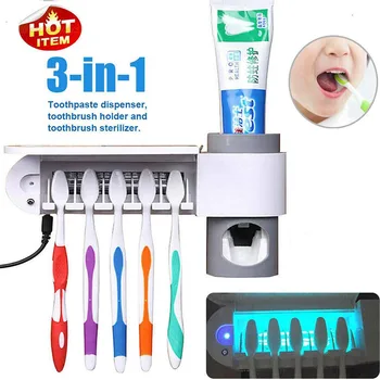

UV Toothbrush Holder Sterilizer Automatic Toothpaste Squeezers Dispenser Set with 5 Toothbrush Holder Wall Mounted Bathroom Rack