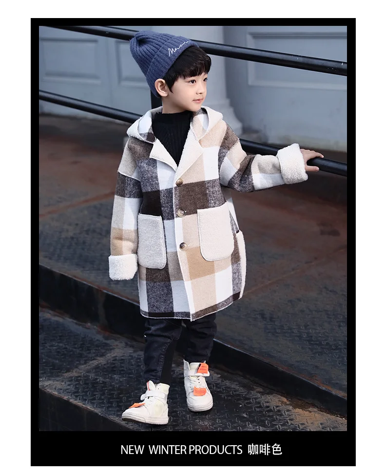 Длинная шерстяная куртка с капюшоном для мальчиков осень-зима года, Новое Детское плотное шерстяное пальто, одежда Детский клетчатый плащ для подростков, B357