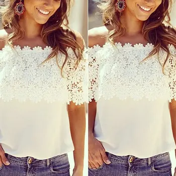 

Hot Fashion Women Summer Lace Crochet Off Shoulder Chiffon Shirt Casual Tops Blouse