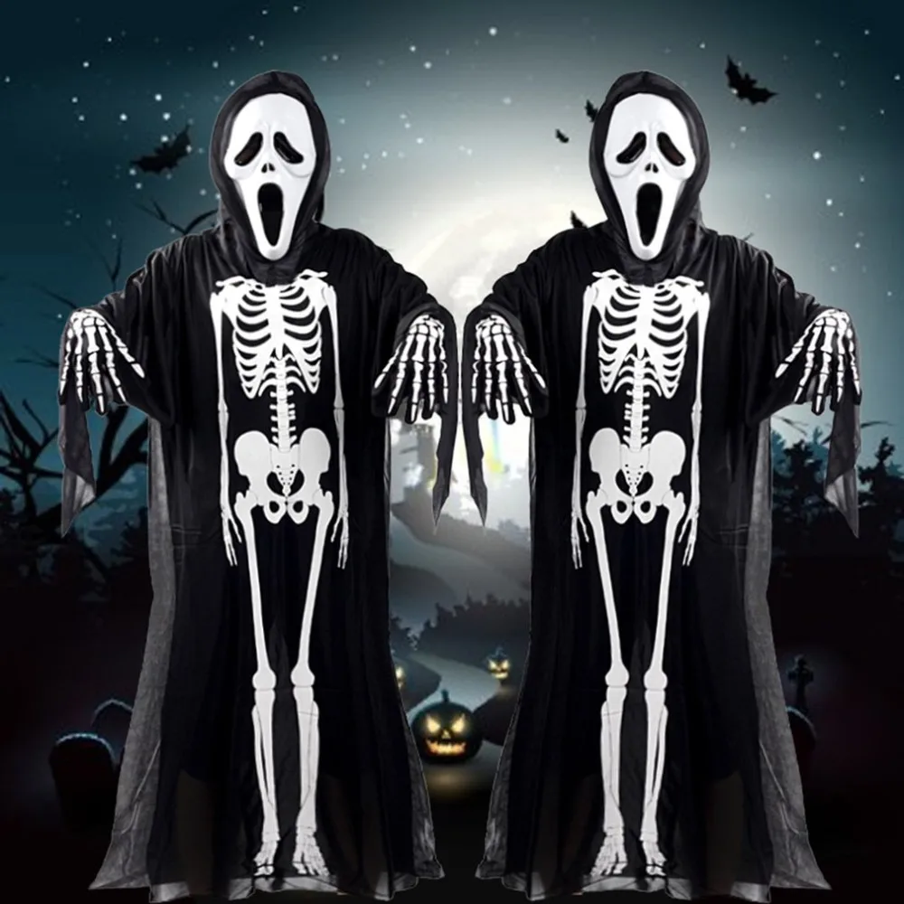 Halloween Costume Skull Skeleton Demon Ghost Cosplay Costumes With Scary Mask Adults Kids Carnival Masquerade Dress Robes