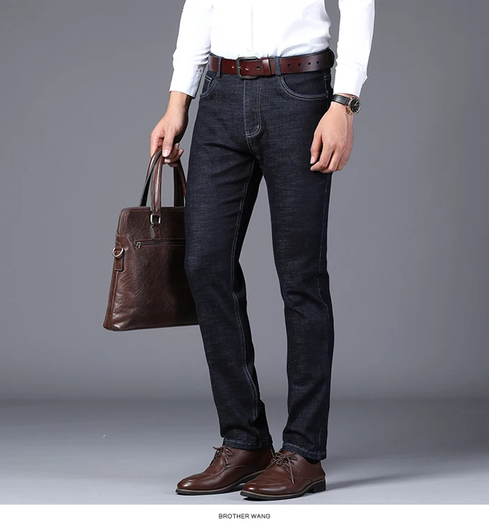 Классический стиль Бизнес Тонкий Fit джинсы мужские осень и зима Новая мода стрейч джинсовые брюки мужские Брендовые брюки черный синий
