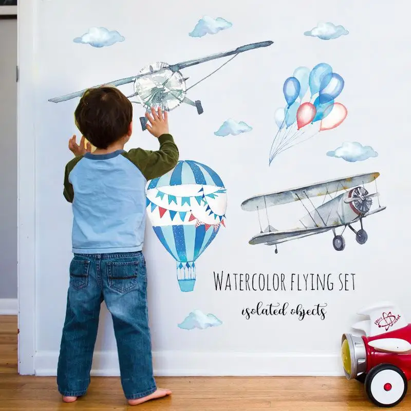

Watercolor Airplane Hot Air Balloon Wall Stickers Children's Baby Room Home Decoration PVC Mural Decals Kindergarten Decoration
