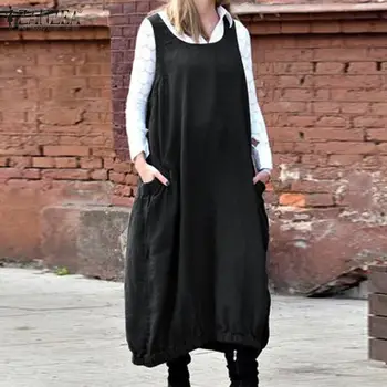 

2020 ZANZEA Women O Neck Sleeveless Cotton Linen Dress Summer Vintage Overalls Dress Solid Sundress Plus Size Vestido Sarafans