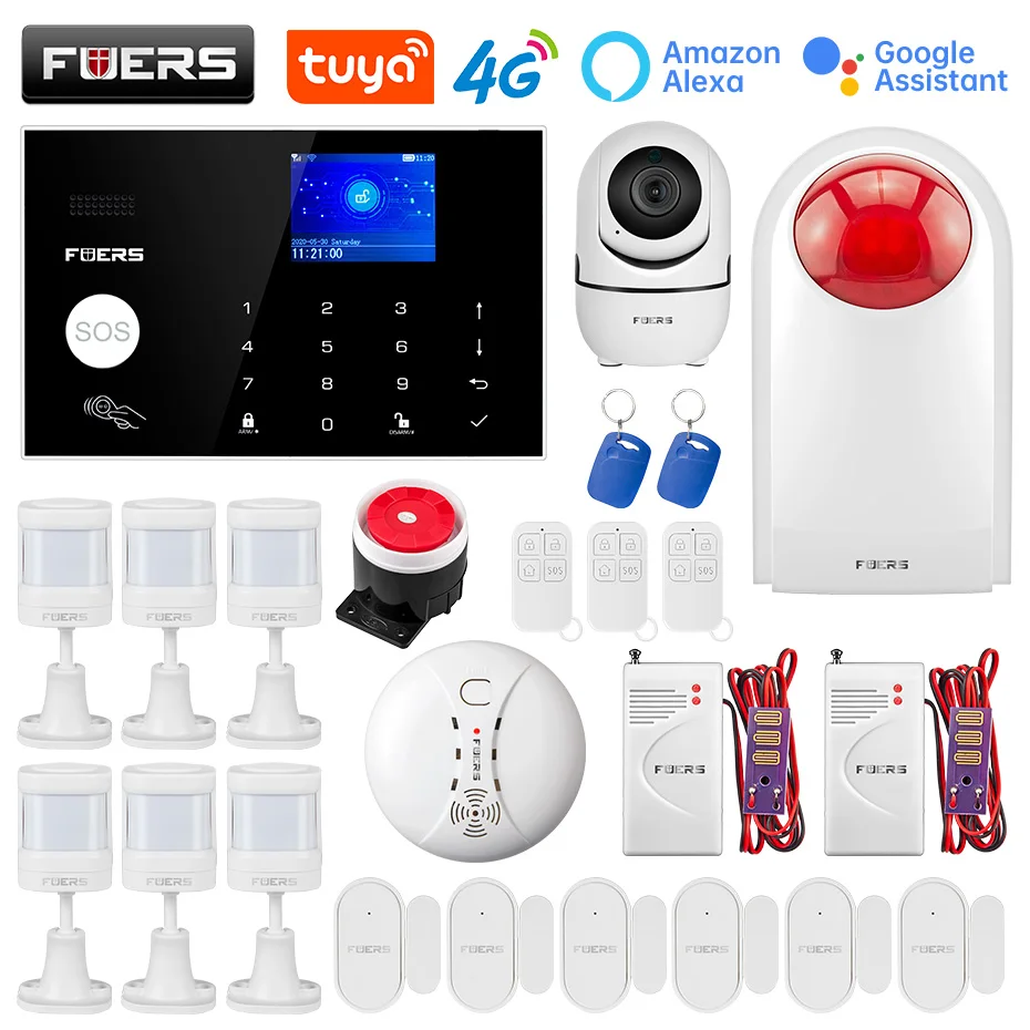 FUERS WIFI 4G Alarm Systems Security Home Burglar Security Alarm System Tuya APP Control Siren Motion Detector PIR Smoke Sensor