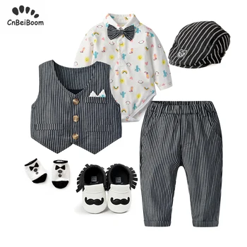 

2020 new Boys Clothes Outfit Stripes vest pant cartoon romper and shoes hats socks 6pcs boys sets gentleman formal Kids dress