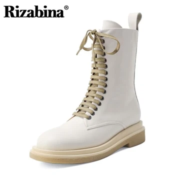 

Rizabina Real Leather Women Mid Calf Boots Cross Strap Round Toe Zip Shoes Winter Warm Boots Women Fashion Footwear Size 34-41