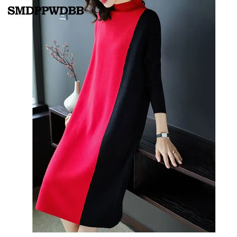 

Women autumn Winter Long Sweater Dress Female Long Sleeve Straight Knitted maxi vestidos Size puls