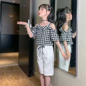 

Summer Girls Clothing Set 2020 Children Fashion Off Shoulder Plaid Tops + Pants 2Pcs Kids Outfits Teen Girls Clothes 8 10 Years