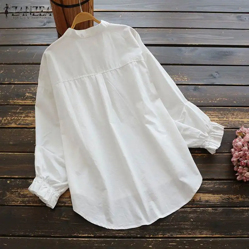  Spring Ruffles Tunic Tops ZANZEA Elegant Bow Tie Work Shirt Fashion Women Solid Long Sleeve Cotton 