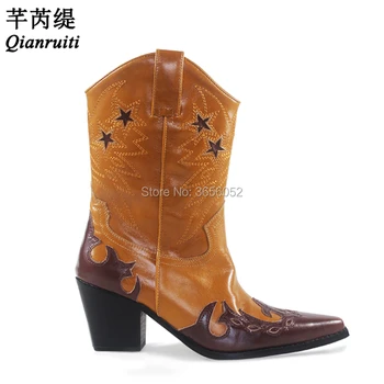 

Qianruiti Botines Mujer Pointed Toe Slip On Vintage Runway Shoes Chunky Heel Patchwork Leather Western Cowboy Motorcycle Boots